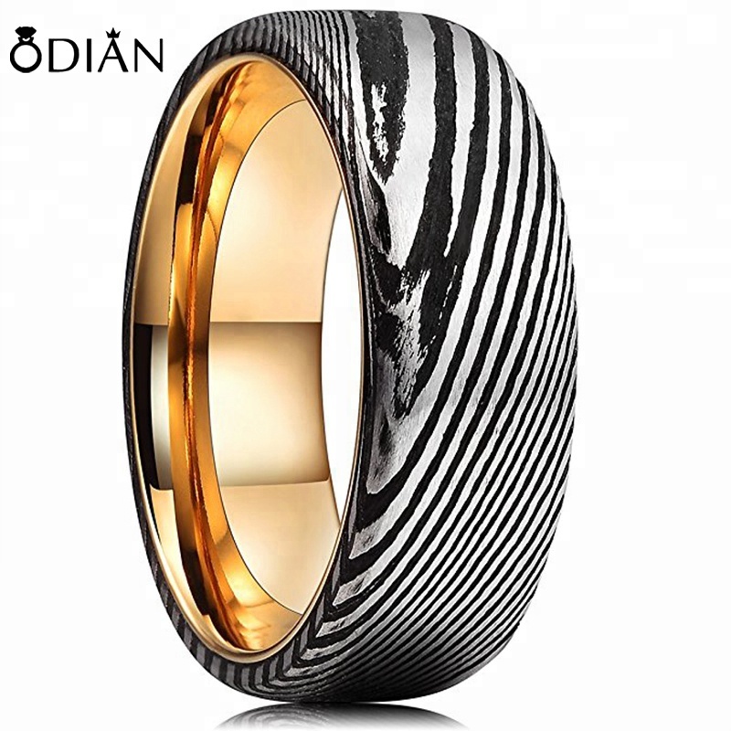 Mens 8mm Black Damascus Steel Wedding Ring With Ebony Wood Inlay ring