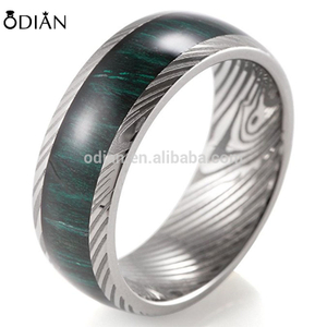 Men's 8mm Domed Damascus Stripes Titanium Ring with Green Wood Inlaid ring