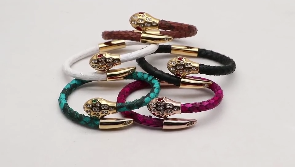 Custom Jewelry purple Snake Skin Python Leather Bracelet with Stainless Steel Snake Head Clasps for Men women