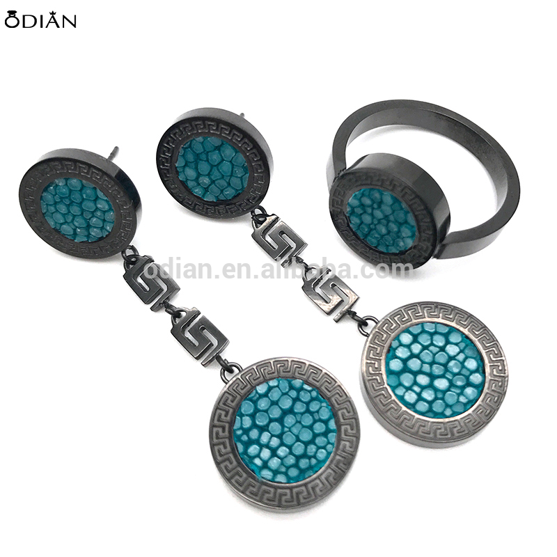 Luxury new design stingray leather inlaid round drop earring jewelry set necklace ring