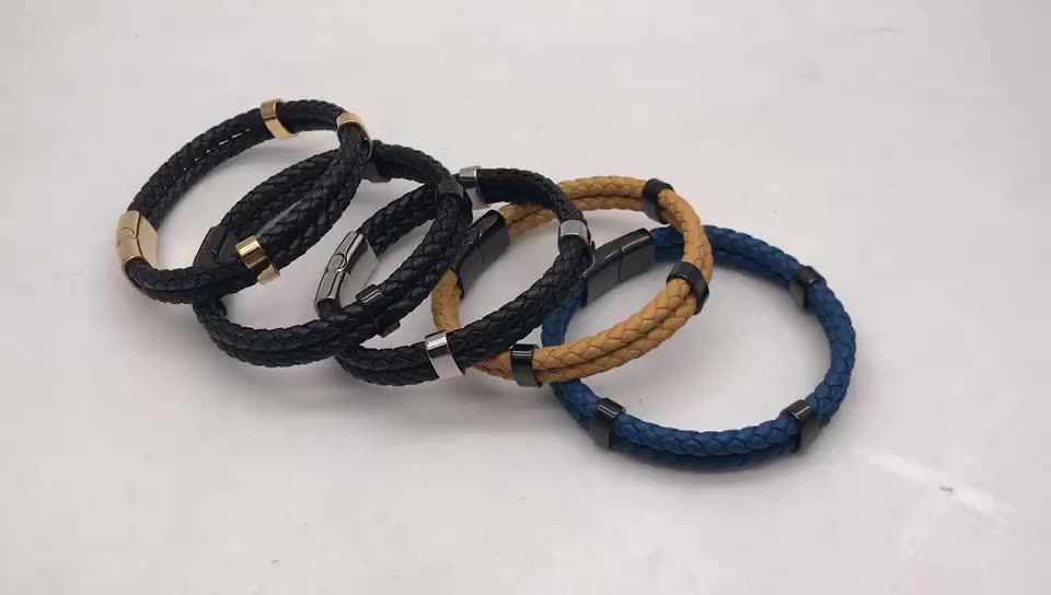 custom branding Rose Gold China Stainless Steel Leather Material Wrist Bracelet Jewelry For Men