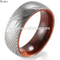 Men's 8mm Polished Domed Titanium Ring with Engraved Damascus Stripes and Wood Inner ring
