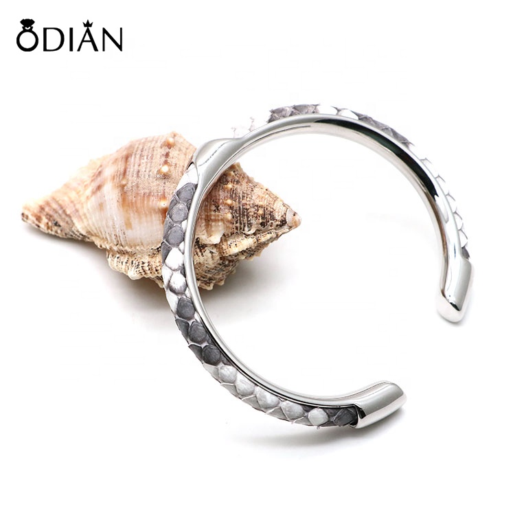 Luxury Python Skin Bracelet snake leather bracelets for Men , Titanium Steel Open Cuff Bangle Charm Jewelry