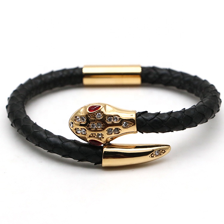 Black Python Men's Bracelet Classic Fashion Black Python Leather Bracelet, Customizable logo and micro logo