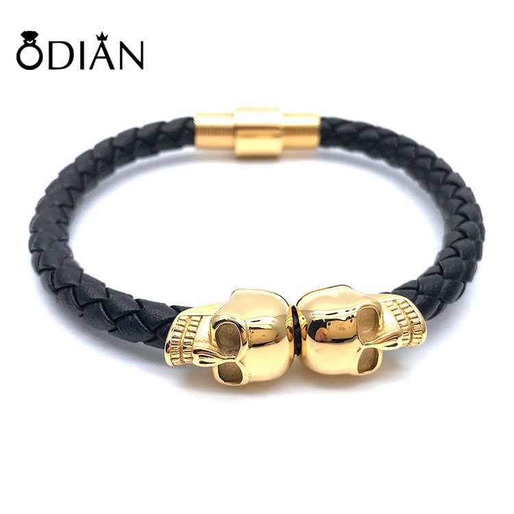 Wholesale fashion men jewelry leather magnetic cuff black skull bracelet