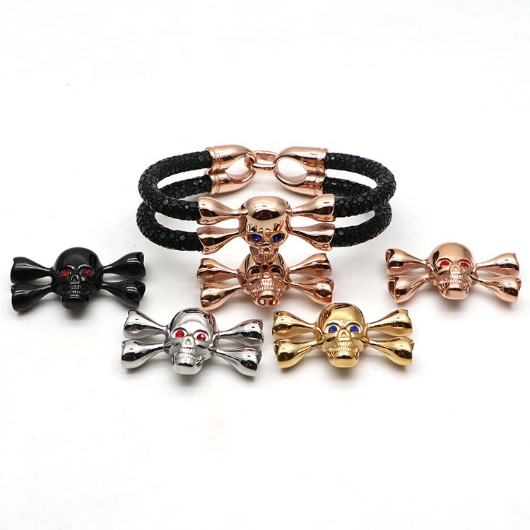 Stylish stainless steel double strand stingray skin bracelet, skull encrusted bracelet, custom logo