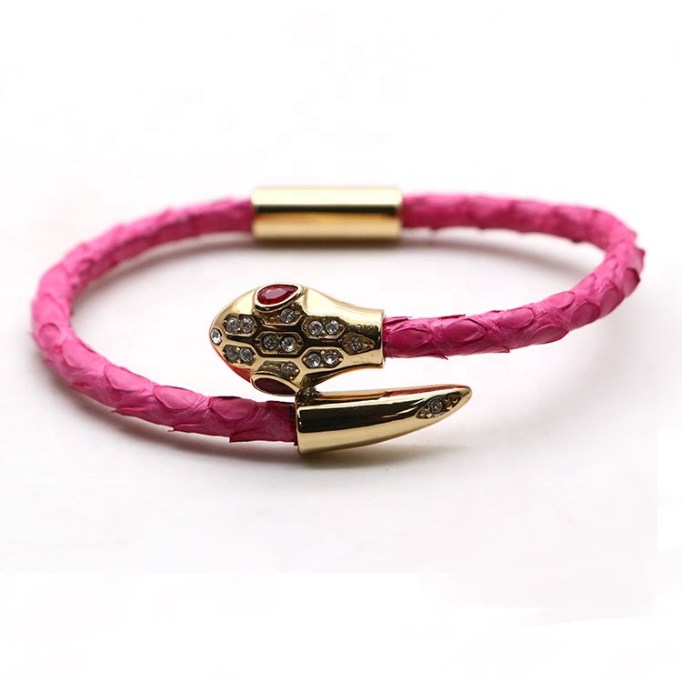 Custom Jewelry purple Snake Skin Python Leather Bracelet with Stainless Steel Snake Head Clasps for Men women