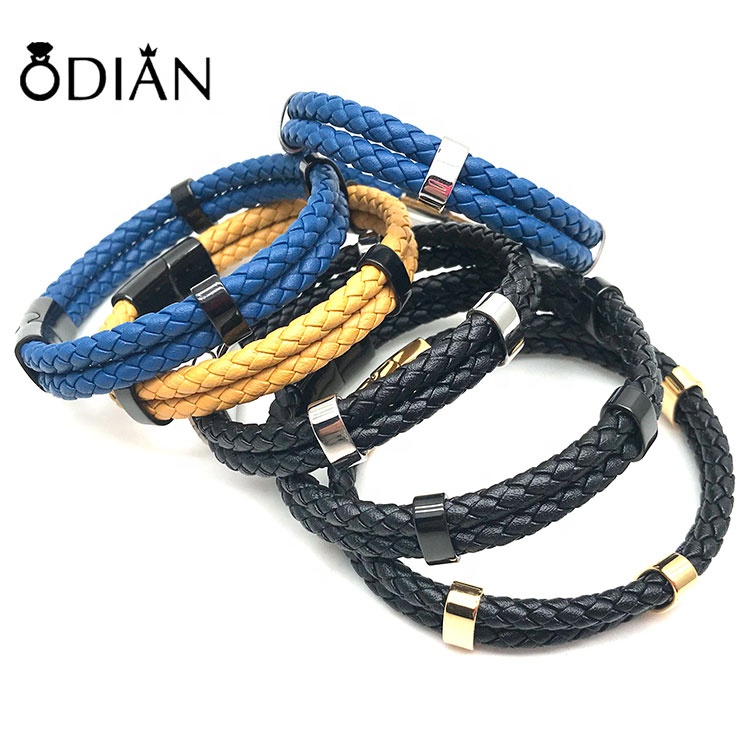 Fashion Mens Stainless Steel Beads Magnetic Double Strands Braided Genuine Leather Clasp Bracelet