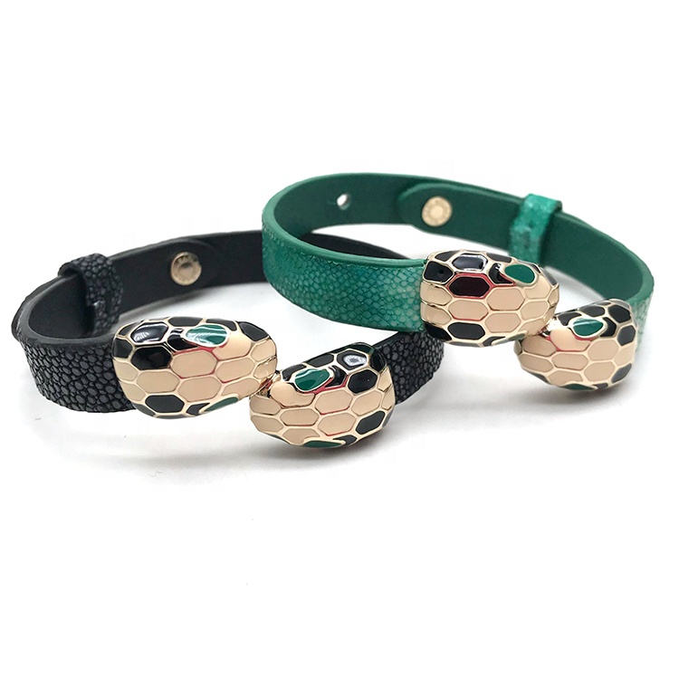 New Arrival Double Snake Head Bracelet & Bangle flat stingray or python Leather Stainless Steel Bracelets for Men and women