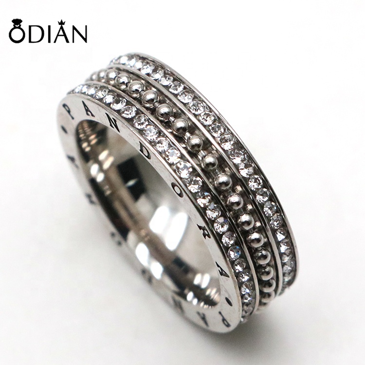 Odian Jewelry 8mm Silver Double Crystal Diamond Plated Mens Titanium Steel Engagement Rings Classic Inlay Diamond Rings