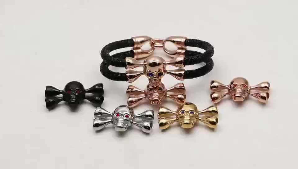 Stainless Steel Genuine Stingray Skin Leather Bracelet With Crystals,Skull stingray bracelet