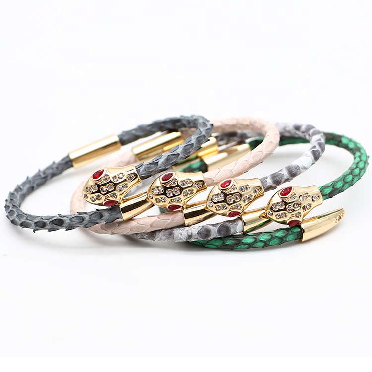 Genuine stingray python leather snake head with red or green color eyes Luxury Fashion Head Stingray Leather Bracelet For Gift