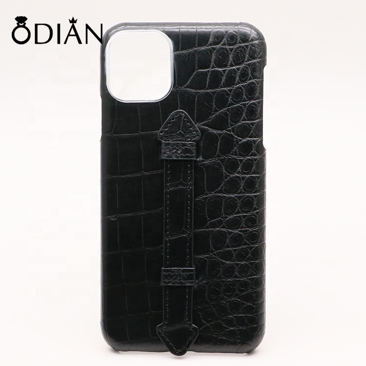 Metal frameand and Finger strap Genuine crocodile embossed leather case for phone 11 pro