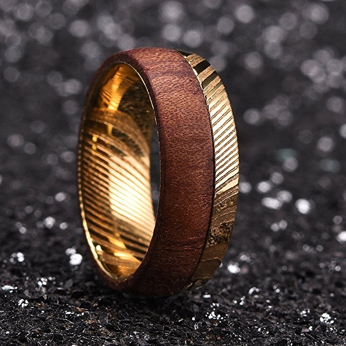 Damascus steel 8mm Rings For Men Golden Carbide Camber Center Bubinga Wood Ring