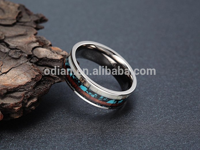 Deer Antlers Titanium Ring Wedding Bands Turquoise Wood Inlaid Flat Comfort Fit