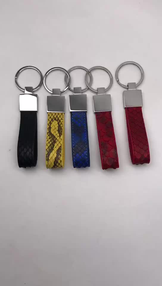 Odian Jewelry High polished stainless steel keychain key chain holder with genuine python snake skin leather bands straps