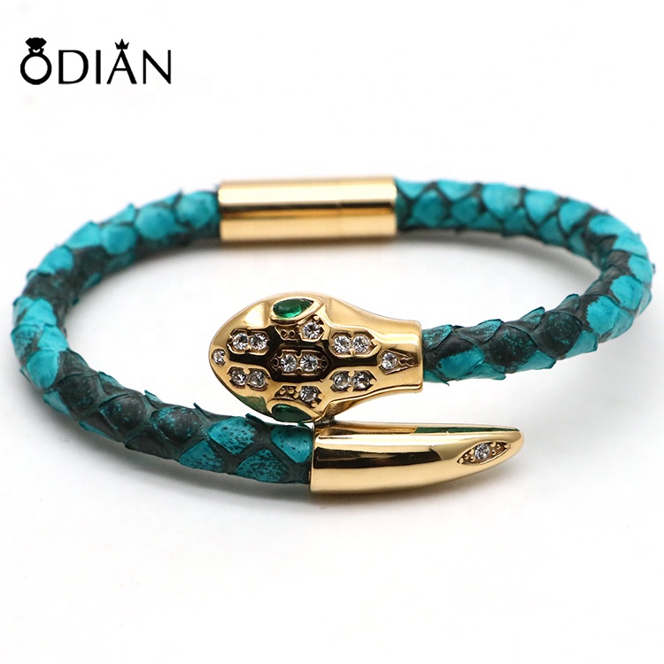 6 mm genuine python leather bracelet stainless steel leather bracelet with magnetic clasp Odian jewellery for men gift