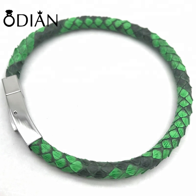 2018 New Stainless Steel Clasps green python skin Snake leather Bracelet Men