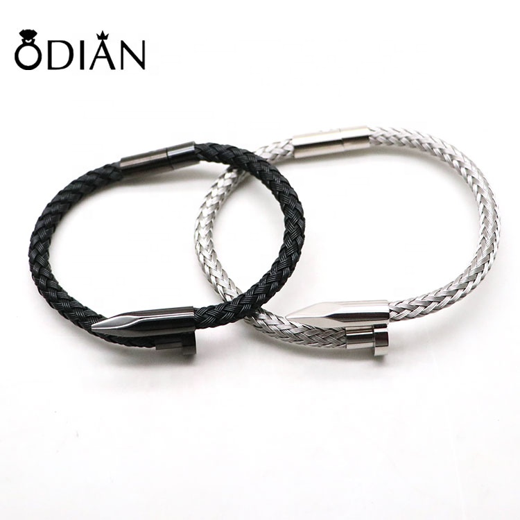 Fashion stainless steel braided rope, magnet buckle cuff bracelet, custom micro label