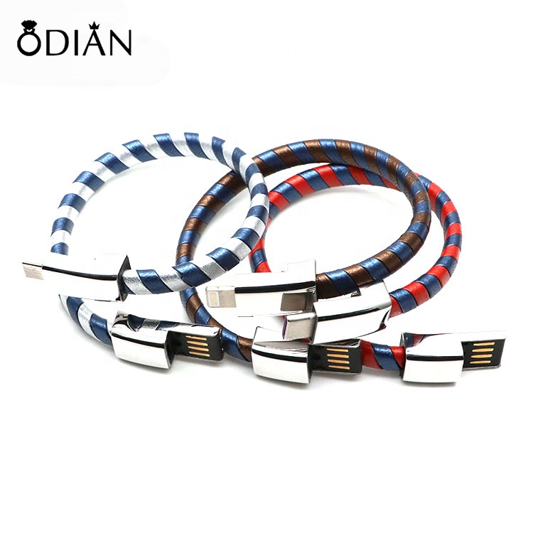 New Arrival Male Stainless Steel Metal Leather Data Charging USB Cable Bracelet