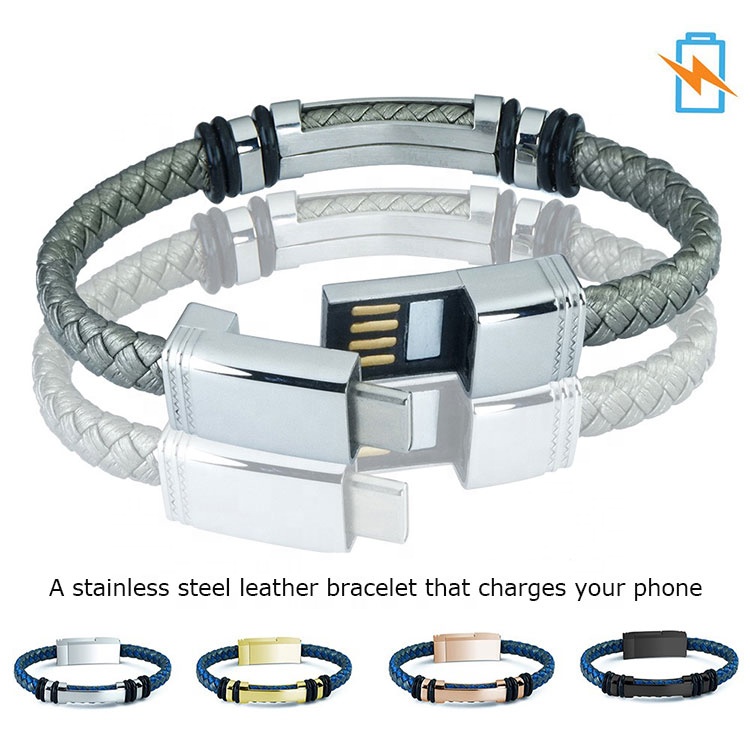 Zinc Alloy Leather Bracelet USB data cable for Apple Huawei android mobile Charging and Data Transfer