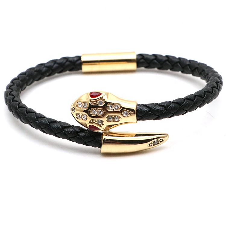 Odian Jewelry Wholesale Luxury Men'S and women Magnetic stainless steel snake head Charm Men Jewelry Bracelet Leather Bracelet