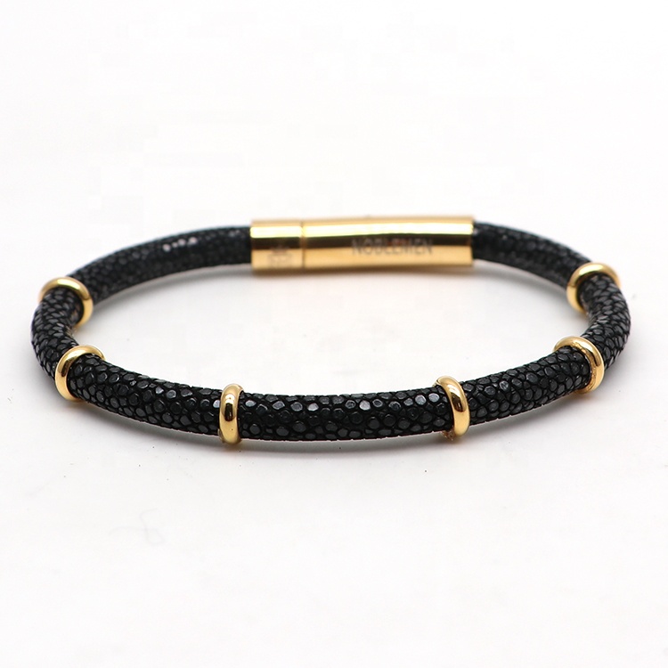 Men Luxury Leather/stingray Leather Bracelet with Stainless Steel Stingray Brace - Black - 16cm